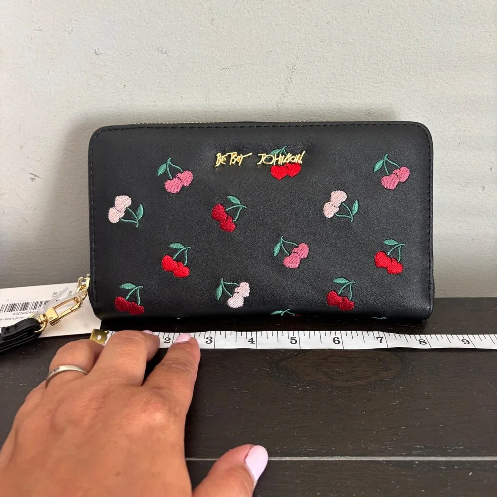 Betsey Johnson Cherry Embroidered Wallet, Black Faux Leather, NEW WITH TAGS